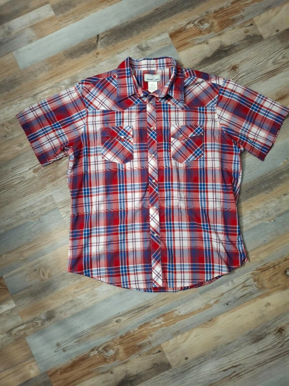 Men's Wrangler Wrancher Pearl Snap Short Sleeve Patriotic Plaid Western Shirt XL